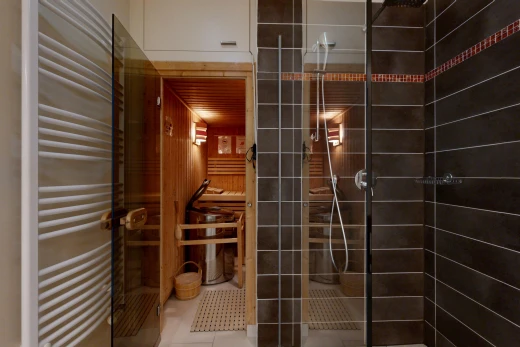 salle de bains avec douche, salle de bain complète, sauna, chauffe-serviettes, et tile floor