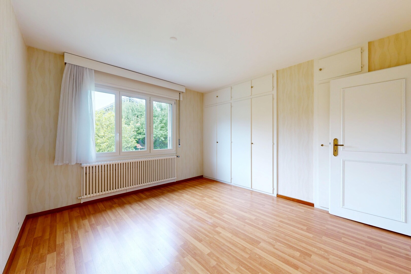 spare room with radiator heating unit and light wood finished floors