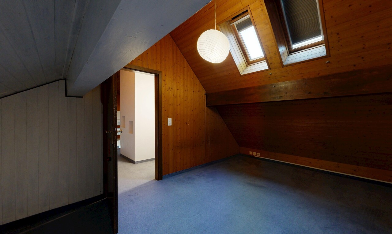 leerer raum mit holzwand, wood wall, dachschräge, vaulted ceiling, und niedrige decke