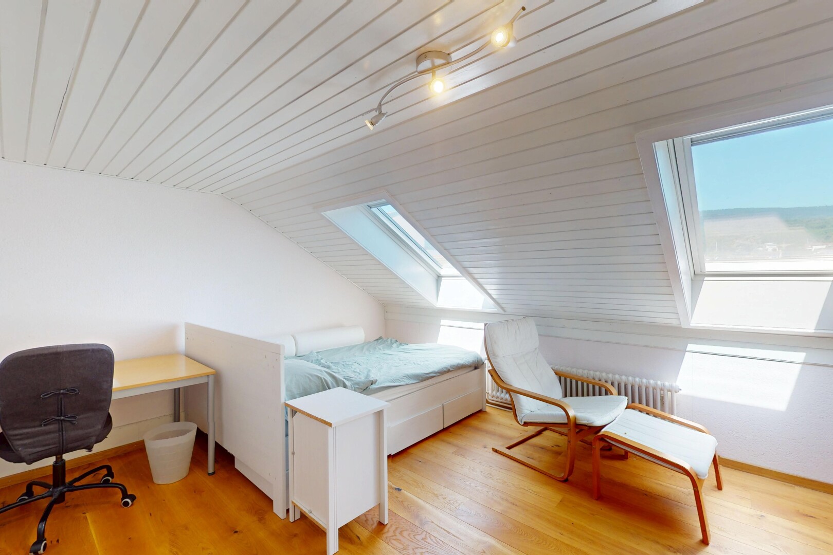 chambre avec pièce supplémentaire, puits de lumière, sol en finition bois, wood finish floor, et plafond voûté
