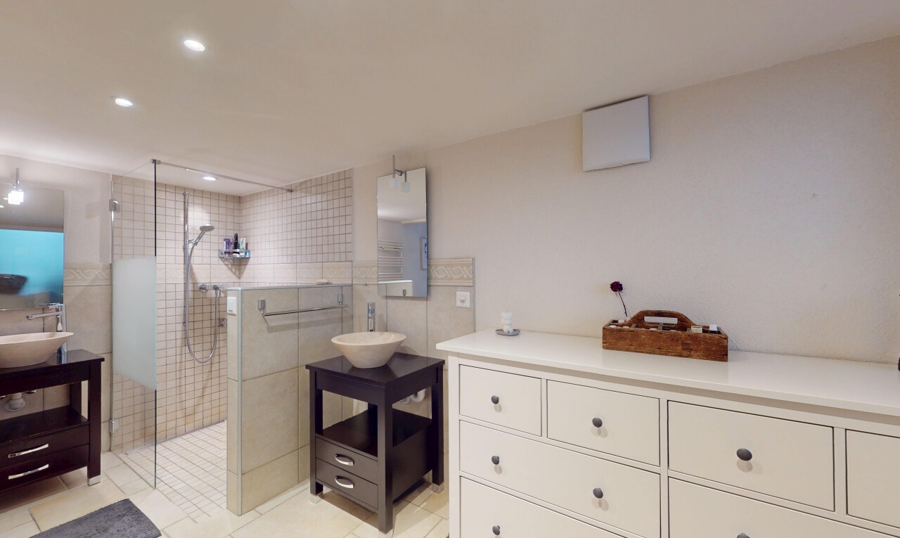 salle de bains avec tile shower, lavabo (ou coiffeuse selon le contexte), salle de bain complète, miroir, et douche