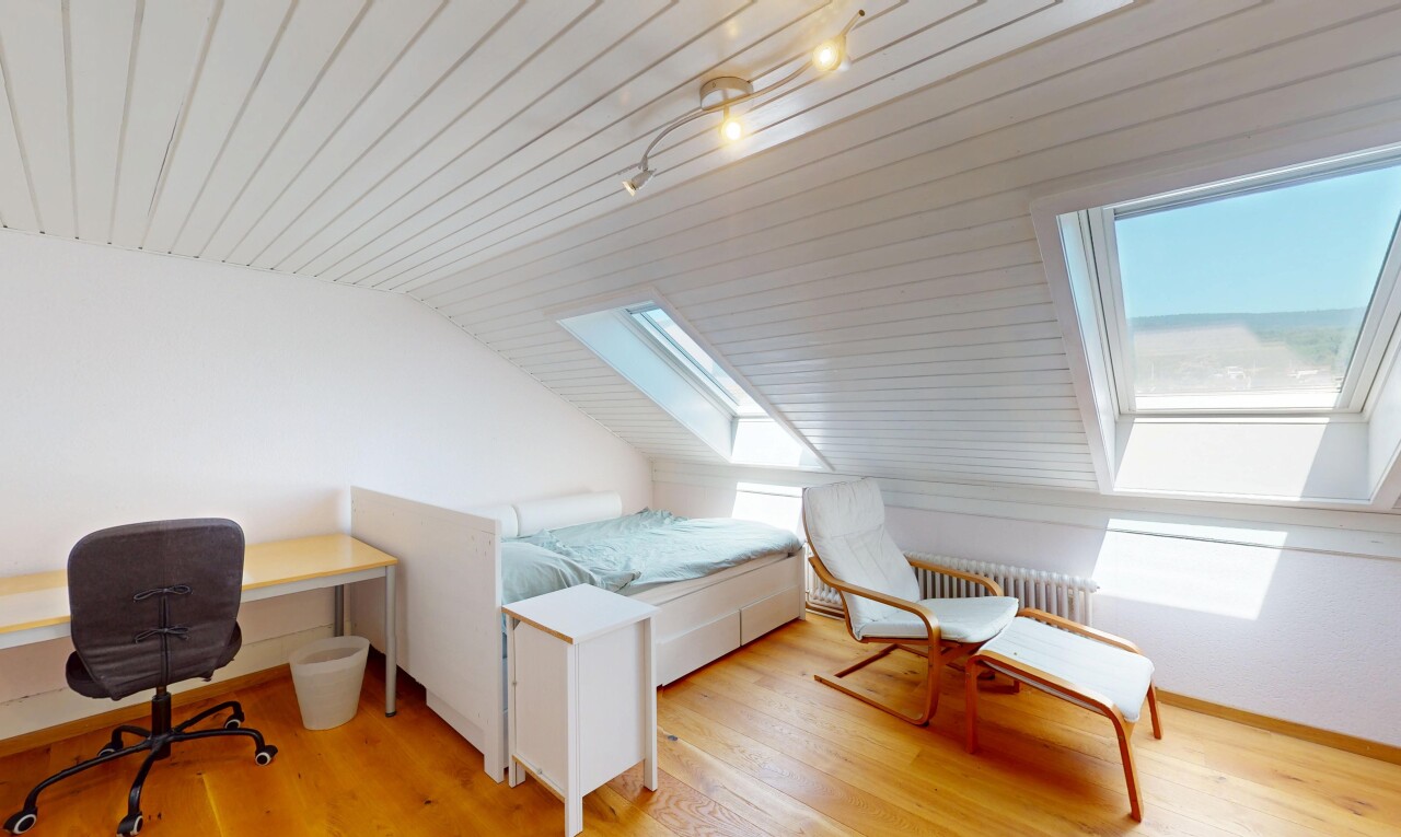 chambre avec pièce supplémentaire, puits de lumière, sol en finition bois, wood finish floor, et plafond voûté