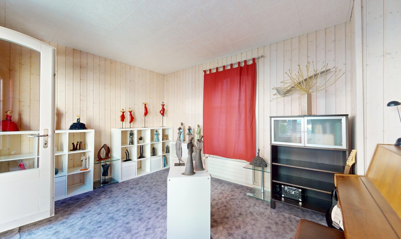 salon avec inside property, virtually staged, carpet, moquette, et wood wall