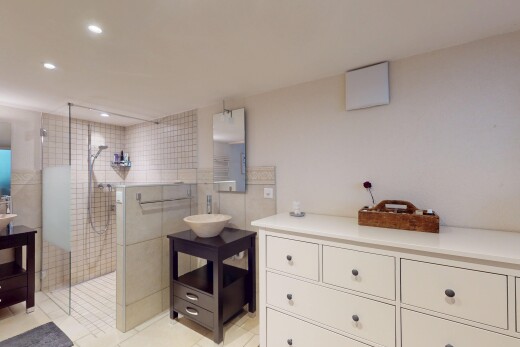 salle de bains avec tile shower, lavabo (ou coiffeuse selon le contexte), salle de bain complète, miroir, et douche