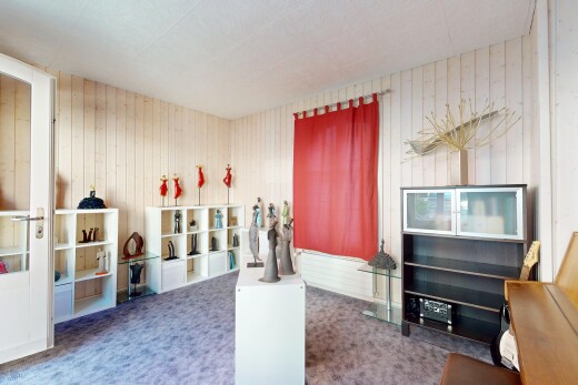 salon avec inside property, virtually staged, carpet, moquette, et wood wall