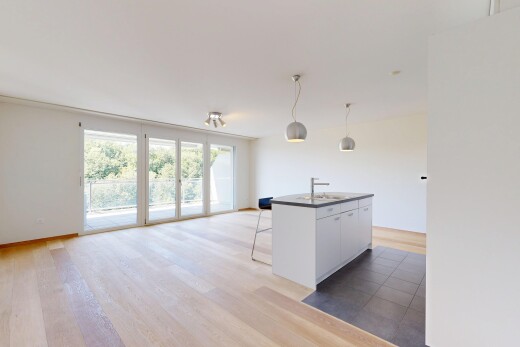 cuisine avec sol en finition bois, lumière naturelle, natural light, wood finish floor, et cloison sèche