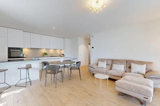 wohn- / esszimmer mit light floor, wood finish floor, holzfußboden, drywall, und gipskartonwand