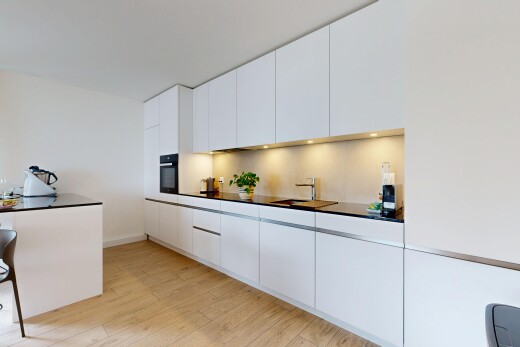 küche mit arbeitsplatten, dark countertops, schränke mit flachen paneelen, flat panel cabinets, und light floor