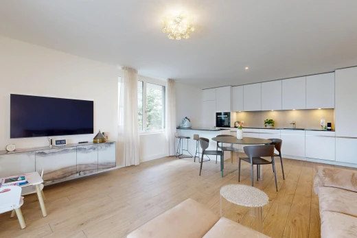 wohn- / esszimmer mit fernseher, wood finish floor, holzfußboden, drywall, und gipskartonwand