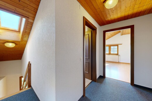 couloir avec natural light, lumière naturelle, wood ceiling, plafond en bois, et carpet