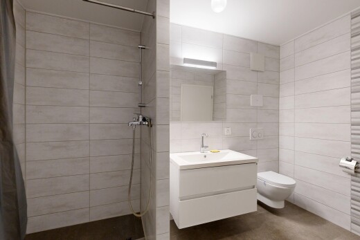 salle de bains avec salle de bain complète, douche, mur en carrelage, tile wall, et miroir