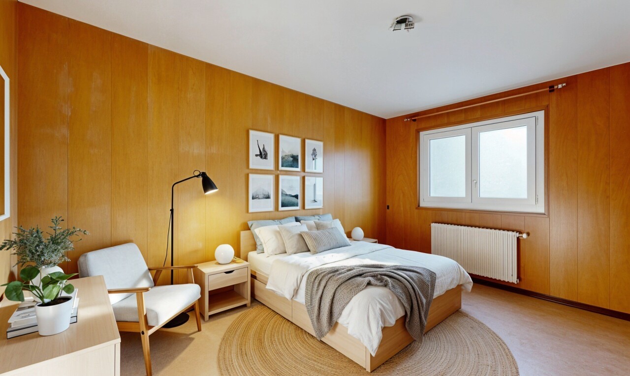 chambre avec lumière naturelle, natural light, radiateur, mur en bois, et wood wall