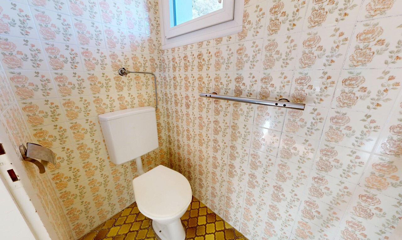 salle de bains avec lumière naturelle, natural light, toilette, inside property, et sol en vinyle