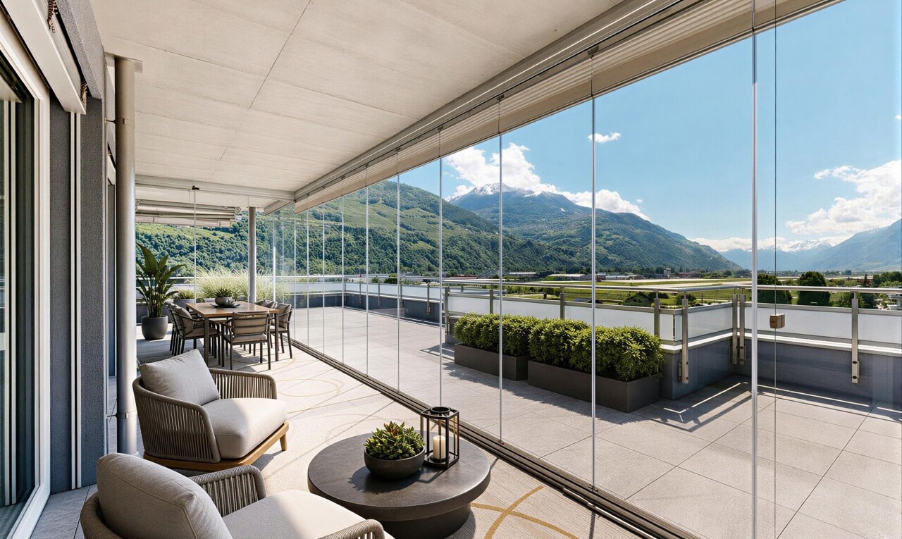 terrasse avec vue sur la montagne, mountain view, day time, et terrasse