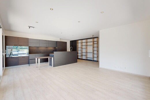 küche mit kücheninsel, kitchen island, light floor, schränke mit flachen paneelen, und flat panel cabinets