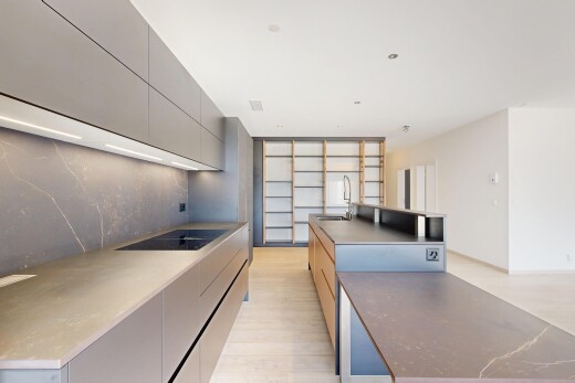 cuisine avec îlot de cuisine, kitchen island, two heights countertops, armoires à panneau plat, et flat panel cabinets