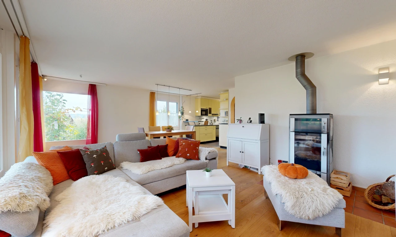wohnzimmer mit holzofen, natürliches licht, gipskartonwand, drywall, und inside property
