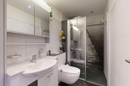 salle de bains avec miroir, toilette, douche, lavabo (ou coiffeuse selon le contexte), et salle de bain complète