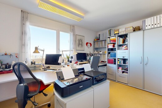bureau avec espace bureau, natural light, lumière naturelle, inside property, et télévision