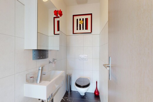 salle de bains avec toilette, miroir, inside property, évier, et dark floor