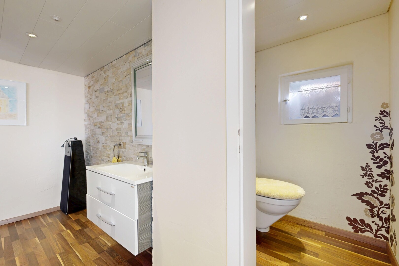 bathroom with vanity, dark wood-style floors, and recessed lighting
