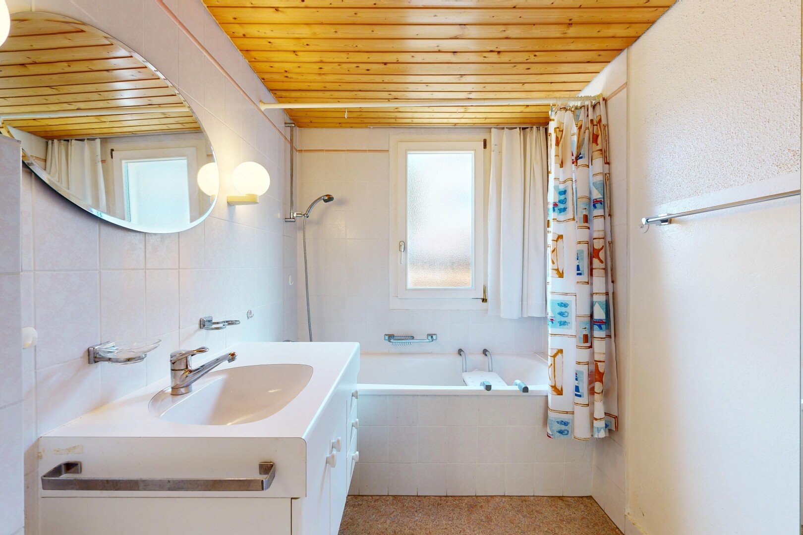 bathroom with vanity, plenty of natural light, tiled shower / bath combo, wood ceiling, and tile walls