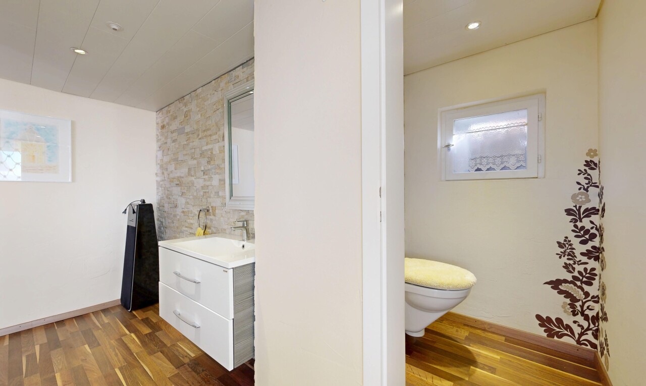 bathroom with vanity, dark wood-style floors, and recessed lighting