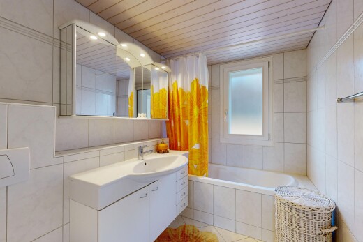 bad mit fliesenwand, tile wall, komplettes badezimmer, schminktisch, und natürliches licht