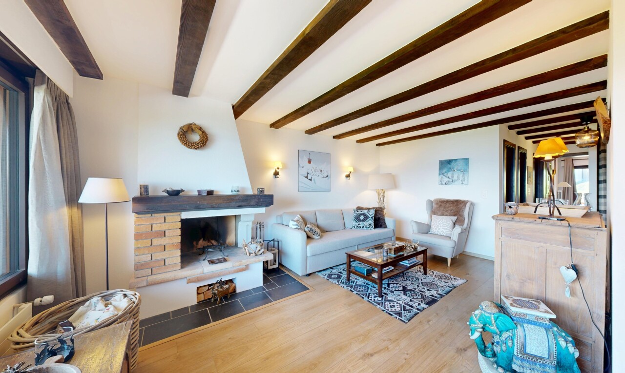 salon avec inside property, sol en finition bois, wood finish floor, cheminée, et cloison sèche