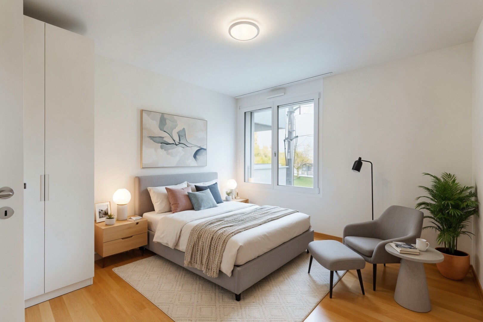 chambre avec natural light, lumière naturelle, wood finish floor, sol en finition bois, et drywall