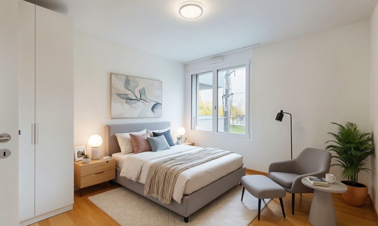 chambre avec natural light, lumière naturelle, wood finish floor, sol en finition bois, et drywall