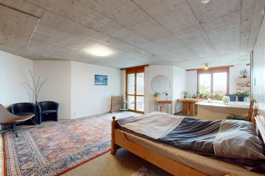 zimmer / schlafzimmer mit teppich, natürliches licht, und betondecke