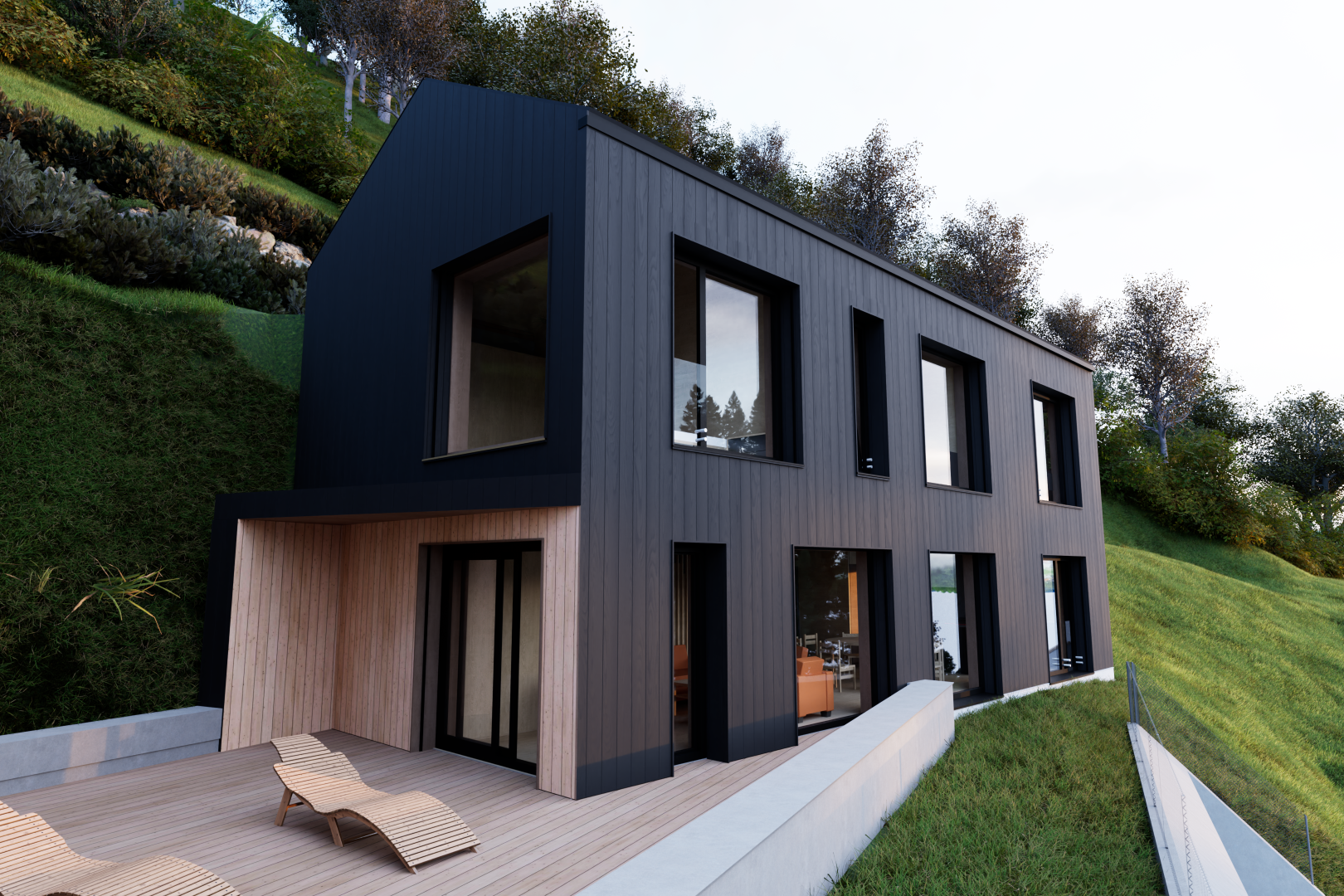 außenansicht mit vertikale verkleidung, rendered, rasen, property visible, und overcast