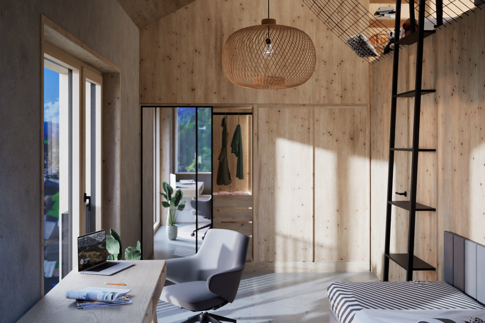 zimmer / schlafzimmer mit vaulted ceiling, dachschräge, rendered, high ceiling, und hohe decke