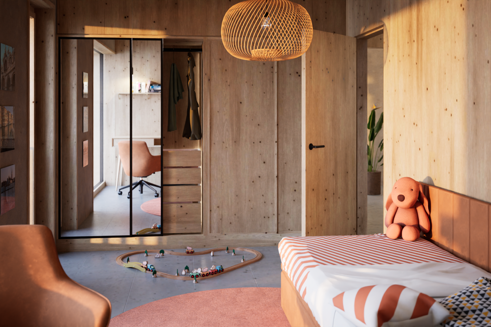 zimmer / schlafzimmer mit kleiderschrank, holzwand, wood wall, dated wood wall, und inside property