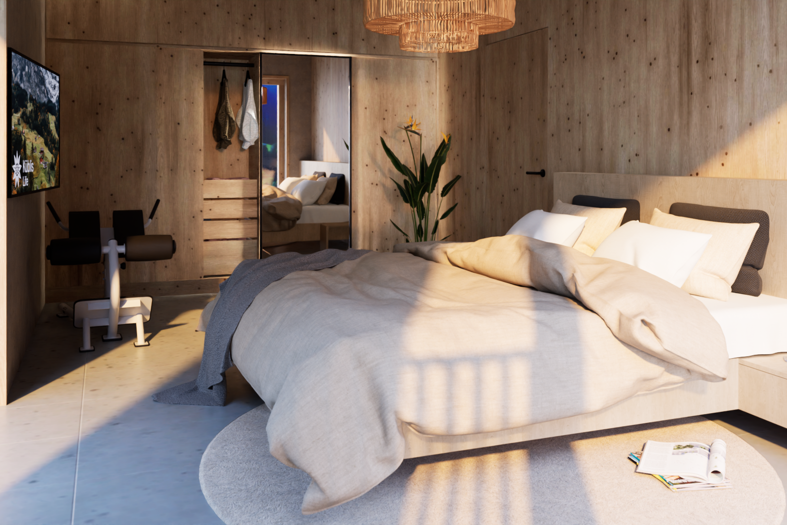 zimmer / schlafzimmer mit wood wall, holzwand, inside property, kleiderschrank, und dated wood wall
