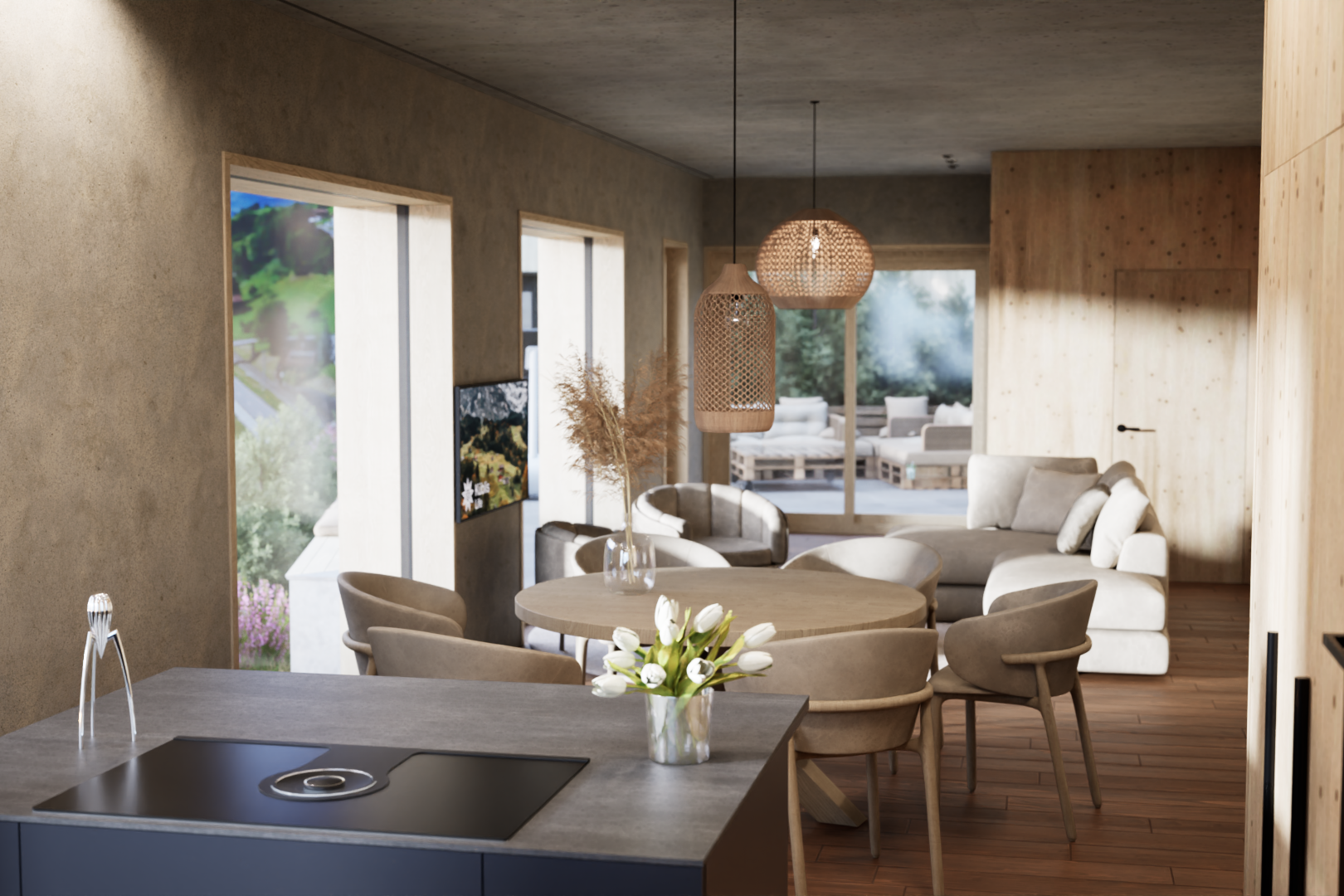 wohn- / esszimmer mit wood finish floor, holzfußboden, pendelleuchte, inside property, und rendered