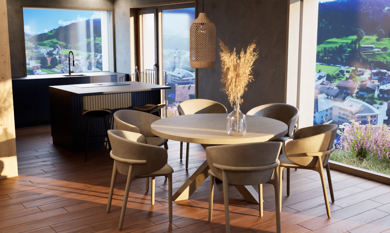 esszimmer mit holzfußboden, wood finish floor, rendered, waschbecken, und inside community