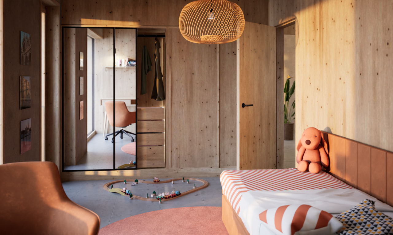 zimmer / schlafzimmer mit kleiderschrank, holzwand, wood wall, dated wood wall, und inside property