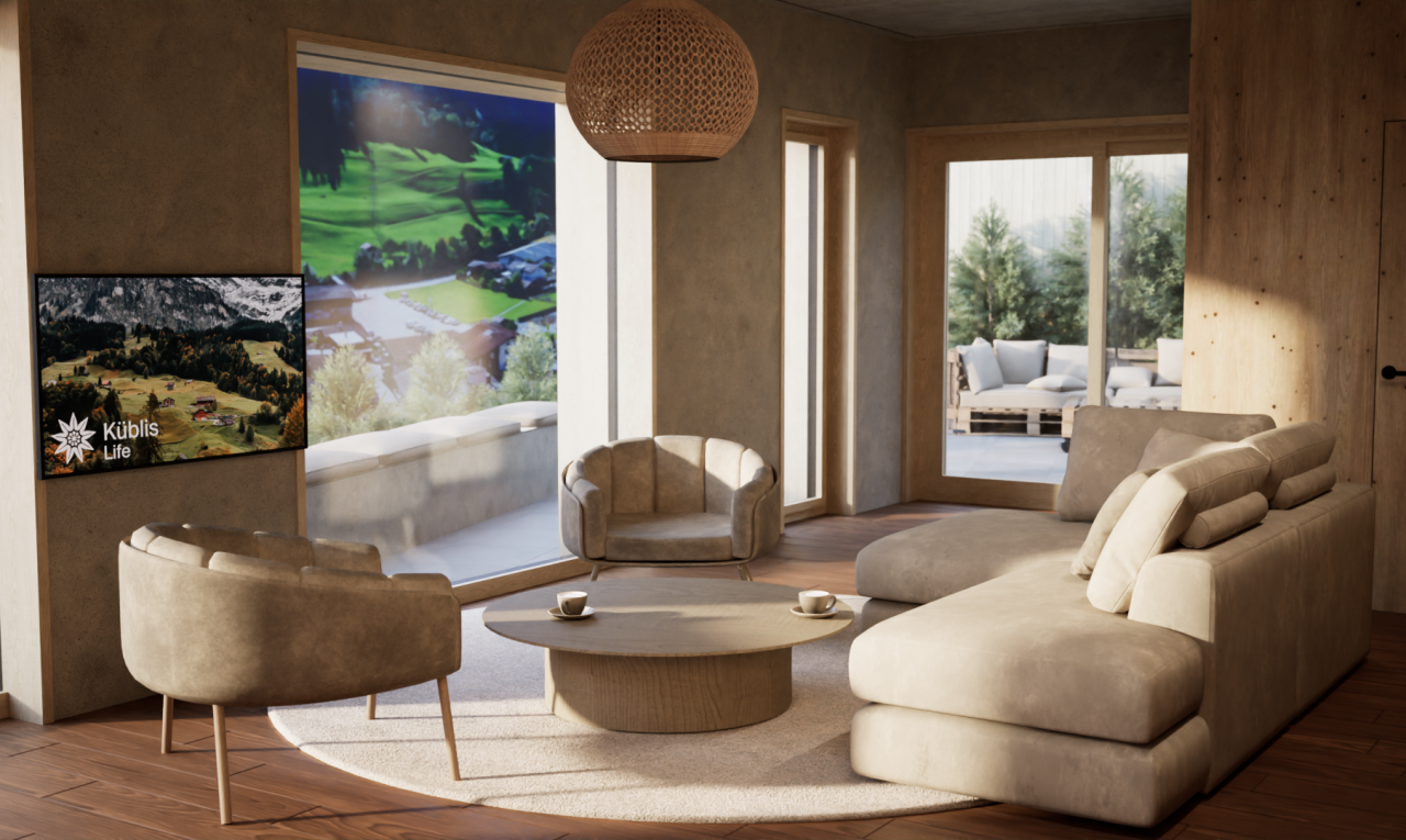 wohnzimmer mit inside property, rendered, wood finish floor, und holzfußboden