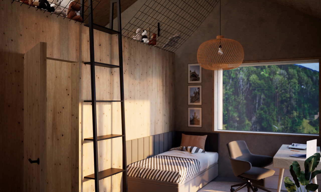 zimmer / schlafzimmer mit rendered, vaulted ceiling, dachschräge, high ceiling, und hohe decke