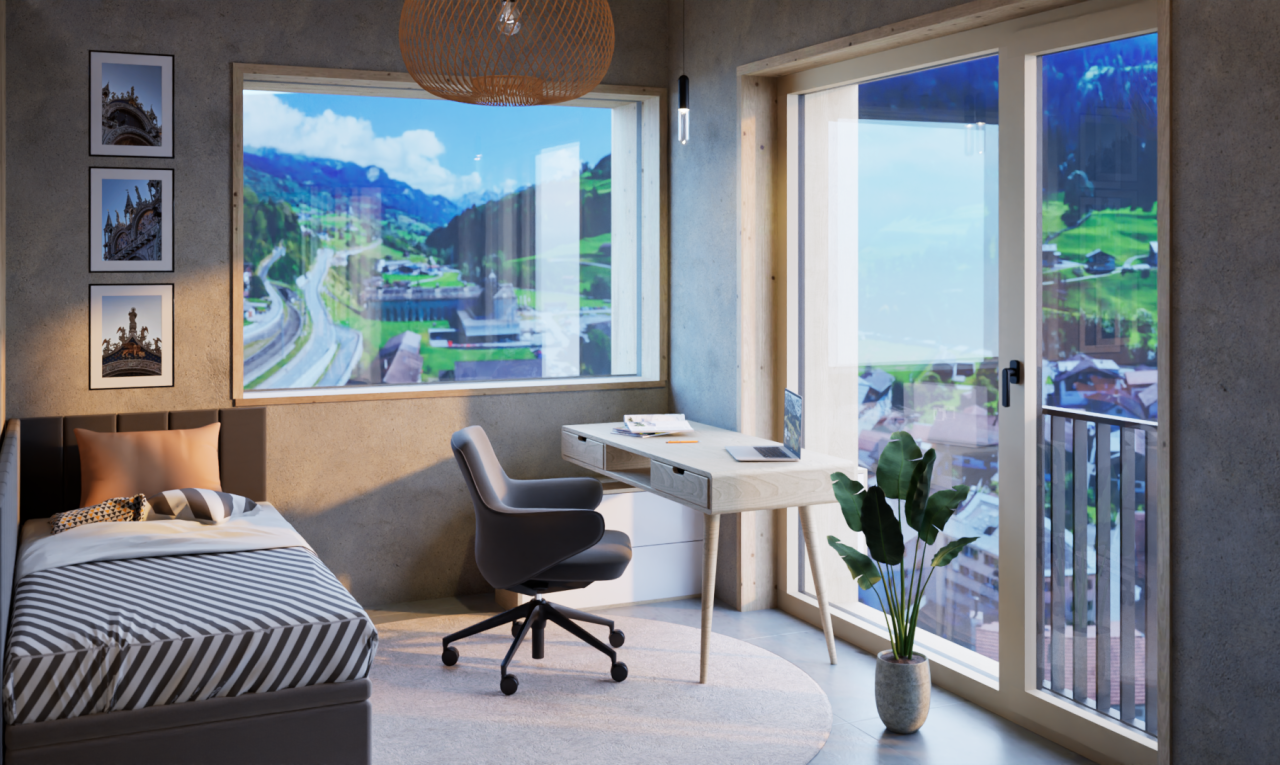 zimmer / schlafzimmer mit concrete wall, betonmauer, außenzugang, rendered, und pendelleuchte