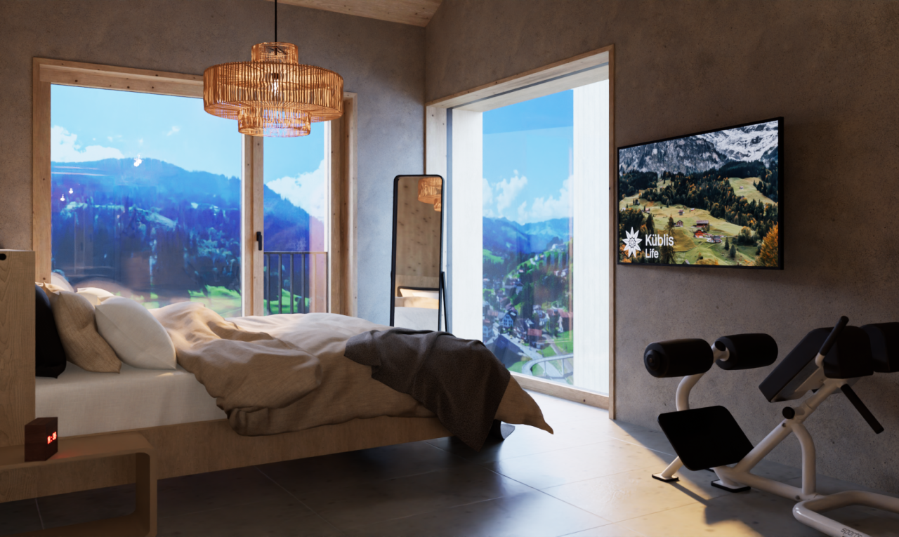 zimmer / schlafzimmer mit blick auf die berge, mountain view, pendelleuchte, betonmauer, und concrete wall