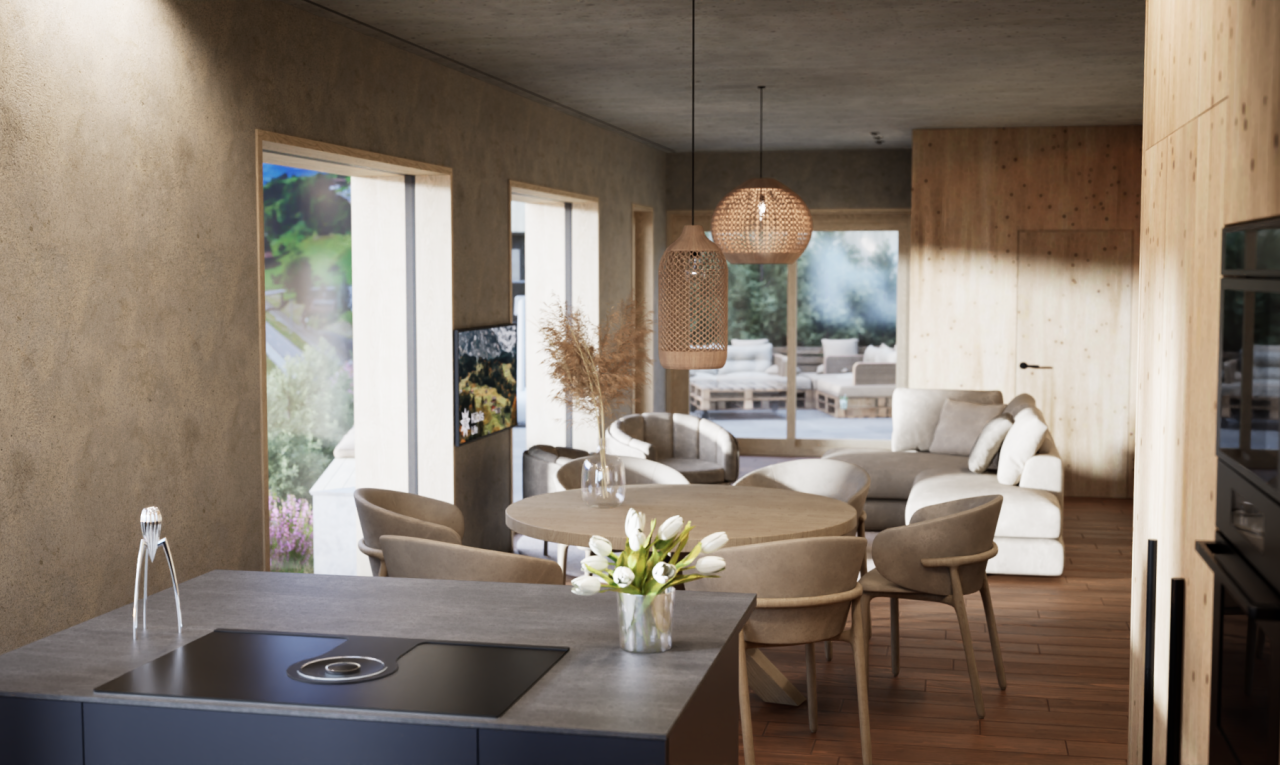 wohn- / esszimmer mit wood finish floor, holzfußboden, pendelleuchte, inside property, und rendered