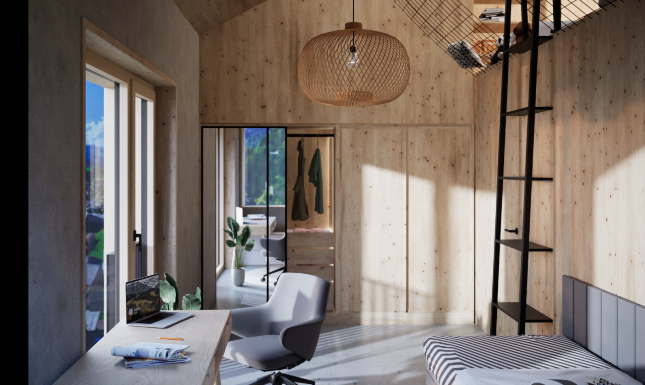 zimmer / schlafzimmer mit vaulted ceiling, dachschräge, rendered, high ceiling, und hohe decke