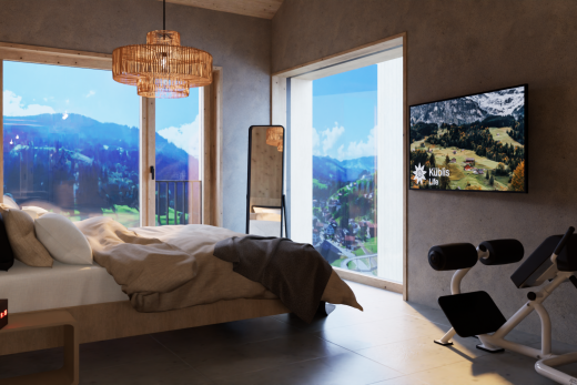 zimmer / schlafzimmer mit blick auf die berge, mountain view, pendelleuchte, betonmauer, und concrete wall
