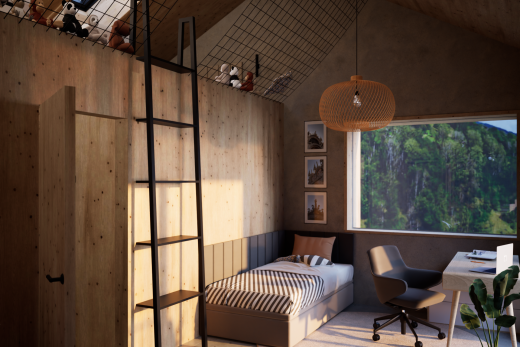 zimmer / schlafzimmer mit rendered, vaulted ceiling, dachschräge, high ceiling, und hohe decke