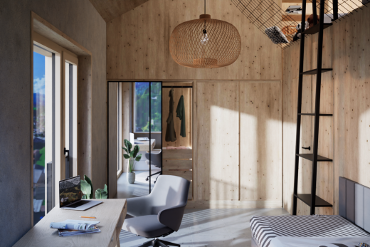 zimmer / schlafzimmer mit vaulted ceiling, dachschräge, rendered, high ceiling, und hohe decke