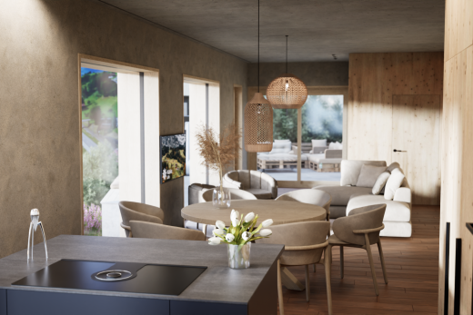wohn- / esszimmer mit wood finish floor, holzfußboden, pendelleuchte, inside property, und rendered