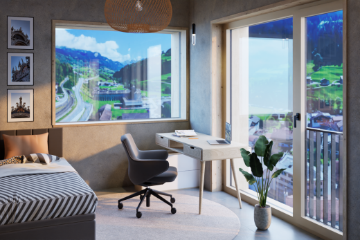 zimmer / schlafzimmer mit concrete wall, betonmauer, außenzugang, rendered, und pendelleuchte